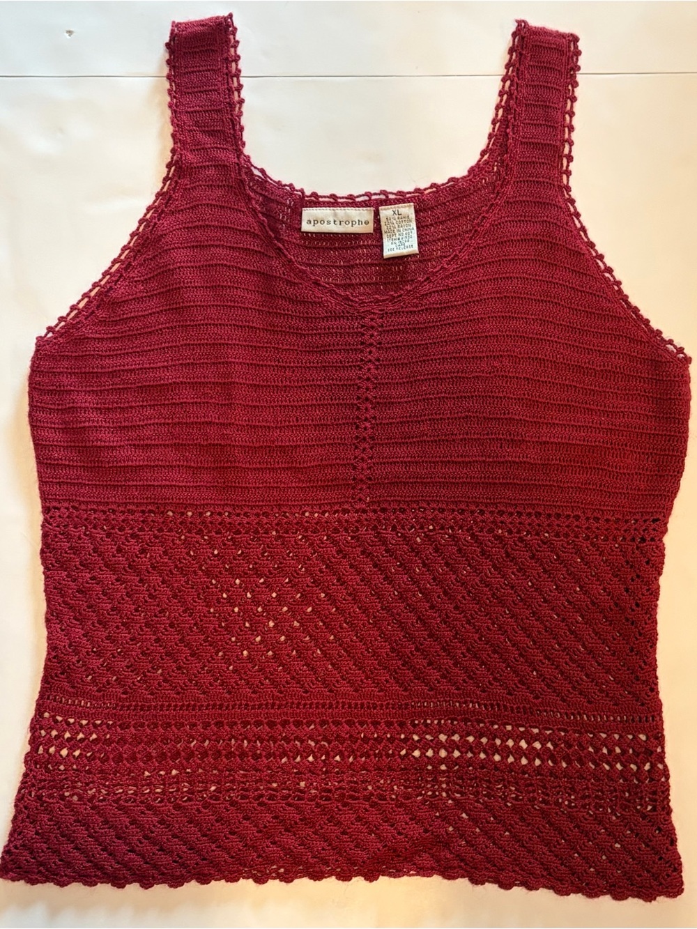 Vintage Apostrophe Burgundy Crochet Knit Tank Top XL (Jrs) Ramie Cotton Boho